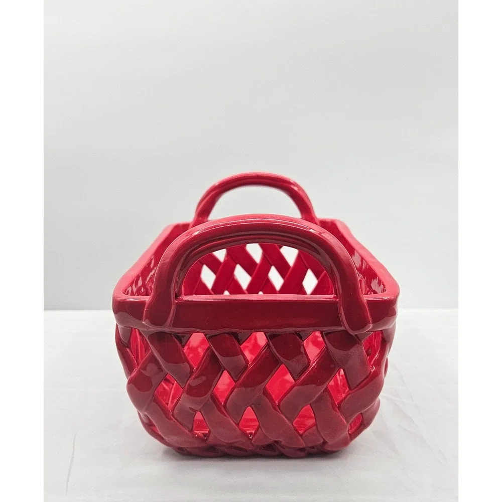 Grace's Pantry Red Ceramic Hand Woven Lattice Basket with Handles 9x6